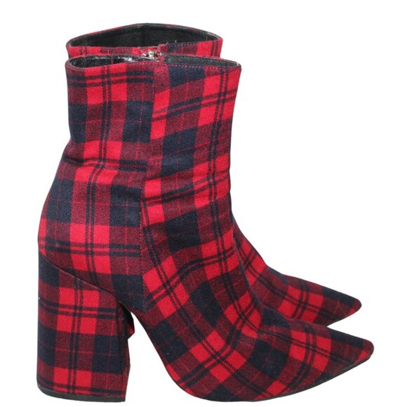 Alias Mae women's booties size 39 red tartan plaid block heel pointed toe zip up - Picture 2 of 9